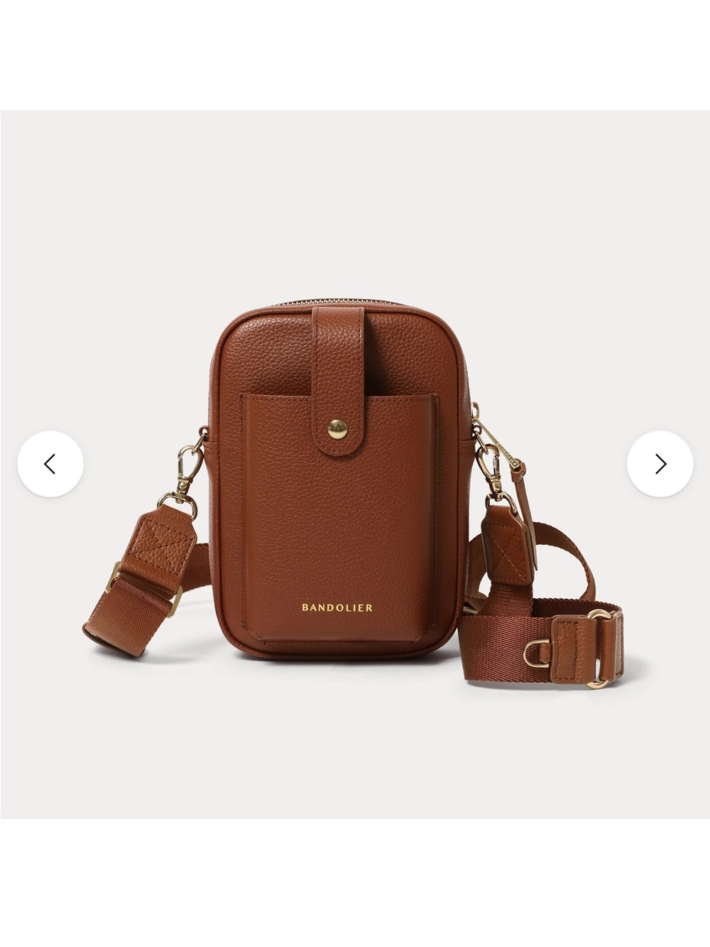 Bandolier Leather Crossbody Phone Bag in Cognac Brown with Gold Hardware